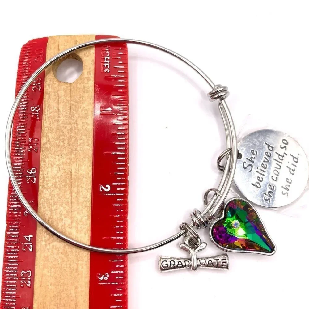 Silver Charm Bangel Bracelet Graduation Heart Message Charm Bangle Bracelet